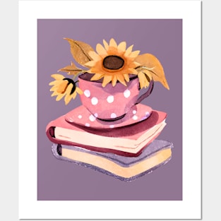 Cute Watercolor Books and Coffee Cup and Sunflowers Posters and Art